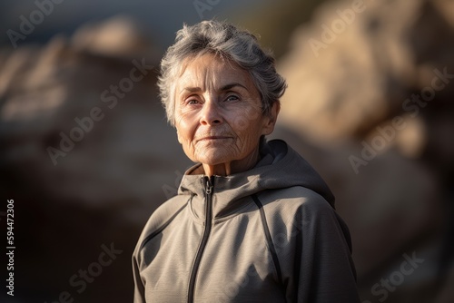 Portrait of a beautiful senior woman on the beach in autumn.