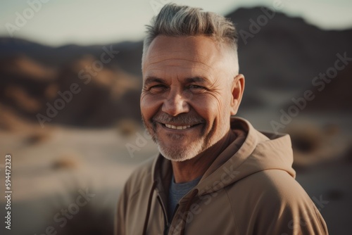 Portrait of a smiling senior man standing in the middle of the desert