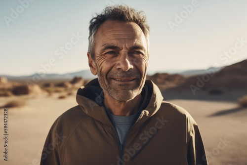 Lifestyle portrait photography of a grinning man in his 50s wearing a comfortable tracksuit against a desert background. Generative AI