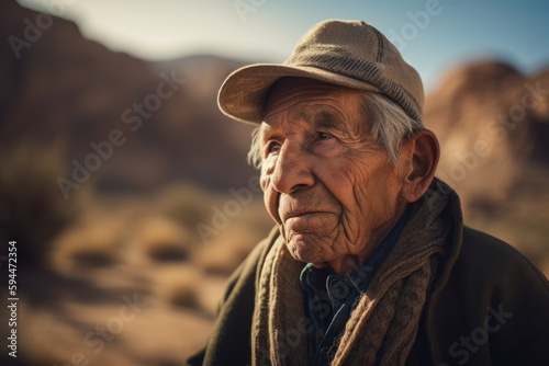 Portrait of an old man in a hat and scarf in the desert