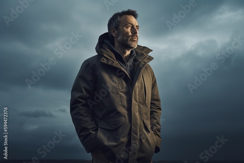 Portrait of a man in a raincoat on a stormy day