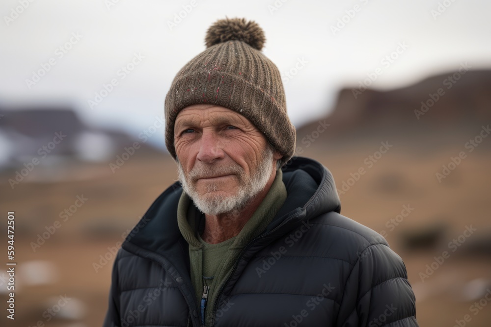 Handsome older man with grey beard and hat looking at camera in the mountains Handsome older man with grey beard and hat looking at camera in the mountains