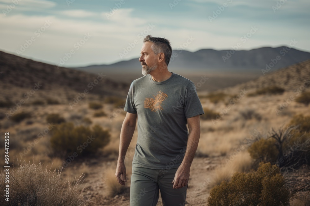 Handsome middle aged man standing in the middle of the desert
