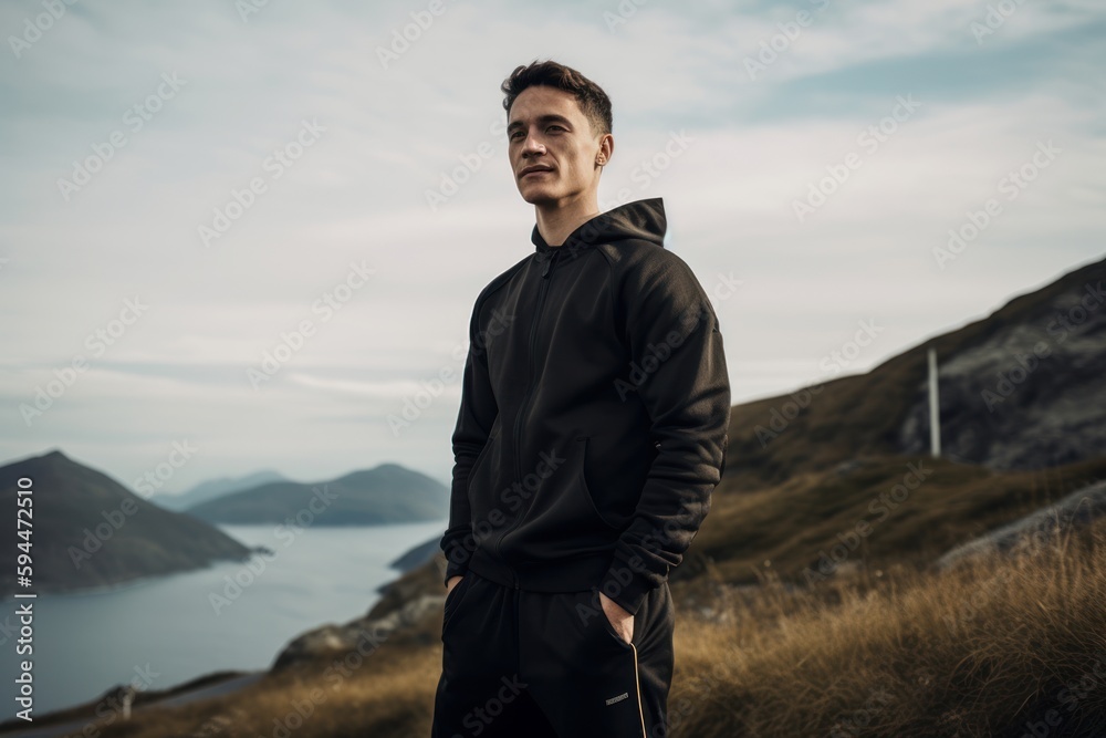Handsome young man in black sportswear standing on top of a mountain and looking away Handsome young man in black sportswear standing on top of a mountain and looking away