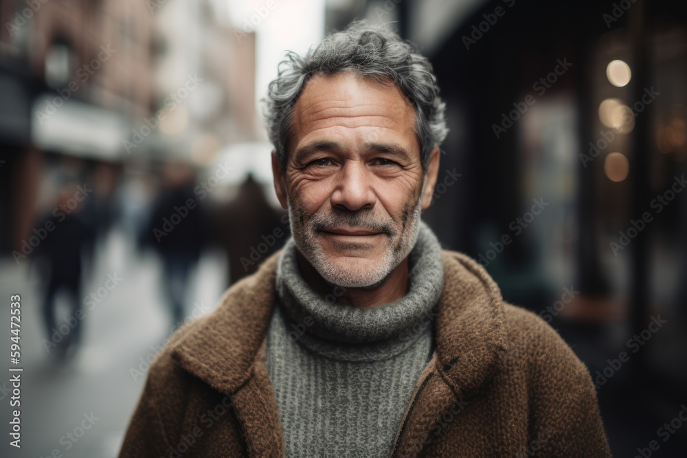 Portrait of a middle-aged man with gray hair in a brown coat on a city street