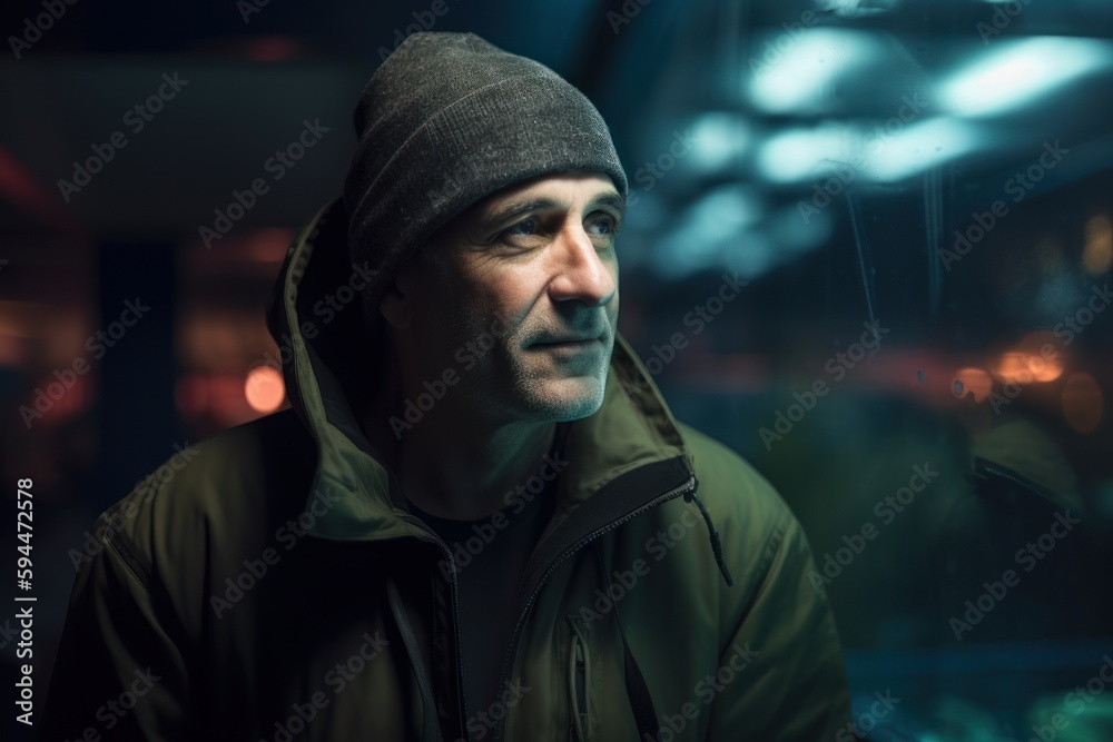 Portrait of a man in a hooded jacket on the street at night Portrait of a man in a hooded jacket on the street at night