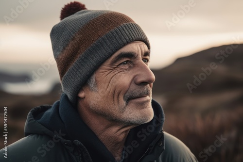 Portrait of a senior man wearing a warm hat and jacket in the mountains