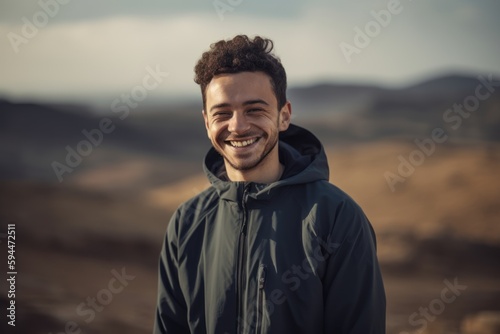 Portrait of a smiling young man standing in the middle of the desert