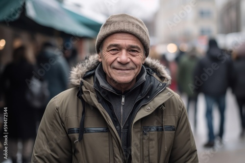 Portrait of an elderly man in the city. He is wearing warm clothes.