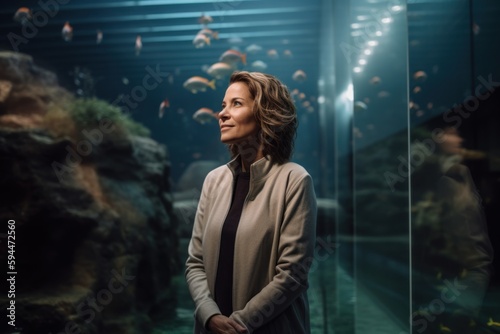 Portrait of a beautiful woman looking at the aquarium with fish.