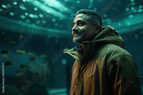 Portrait of a man in a green jacket looking at the aquarium.