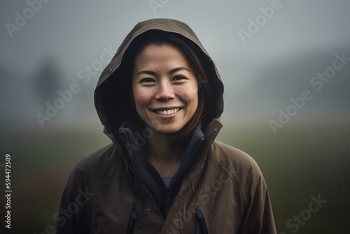 Portrait of a smiling asian woman in raincoat looking at camera © Robert MEYNER
