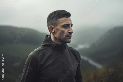 Handsome young man in black jacket looking at misty landscape