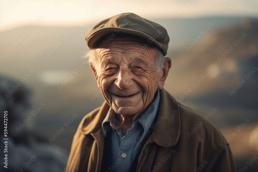 Environmental portrait photography of a pleased elderly 100 years old man wearing a denim jacket against a panoramic landscape background. Generative AI