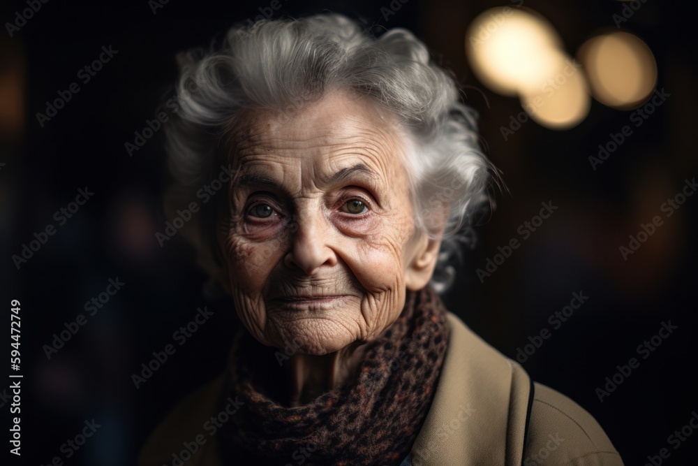 Portrait of an old woman with grey hair in a brown coat Portrait of an old woman with grey hair in a brown coat