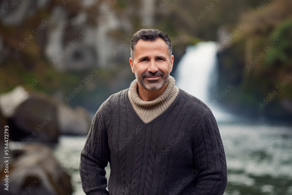 Portrait of a handsome middle aged man standing in front of a waterfall Portrait of a handsome middle aged man standing in front of a waterfall