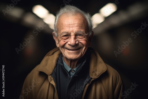 Portrait of an old man with glasses in the subway tunnel.