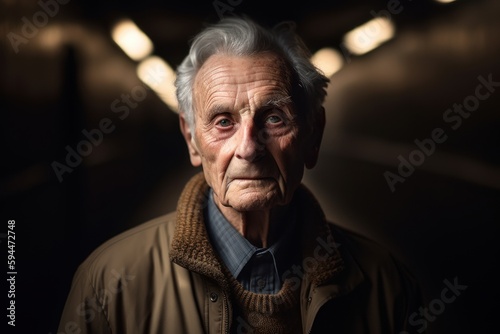 Portrait of an elderly man in a dark room. Selective focus.