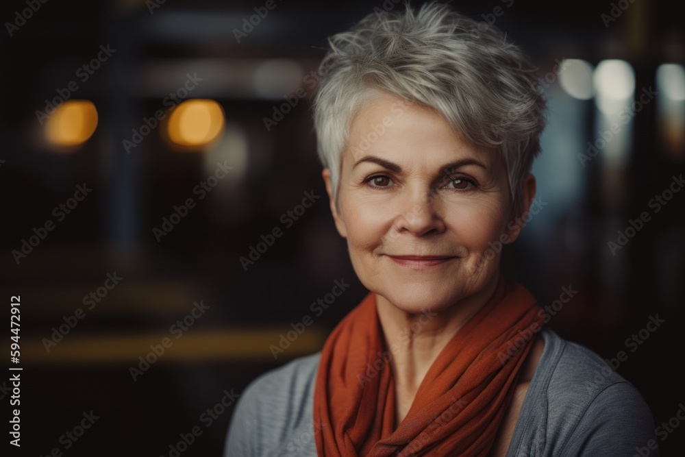 Portrait of smiling senior woman with scarf standing in cafe at night Portrait of smiling senior woman with scarf standing in cafe at night