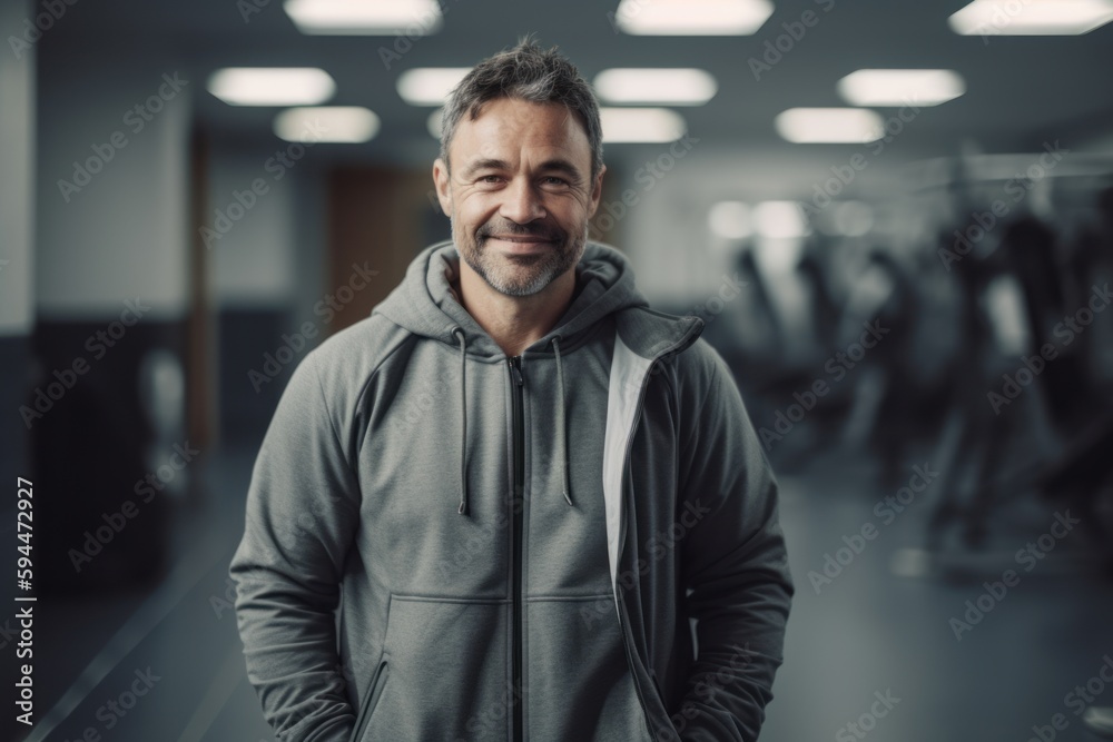 Portrait of smiling middle-aged man in sportswear standing with hands on hips in fitness center