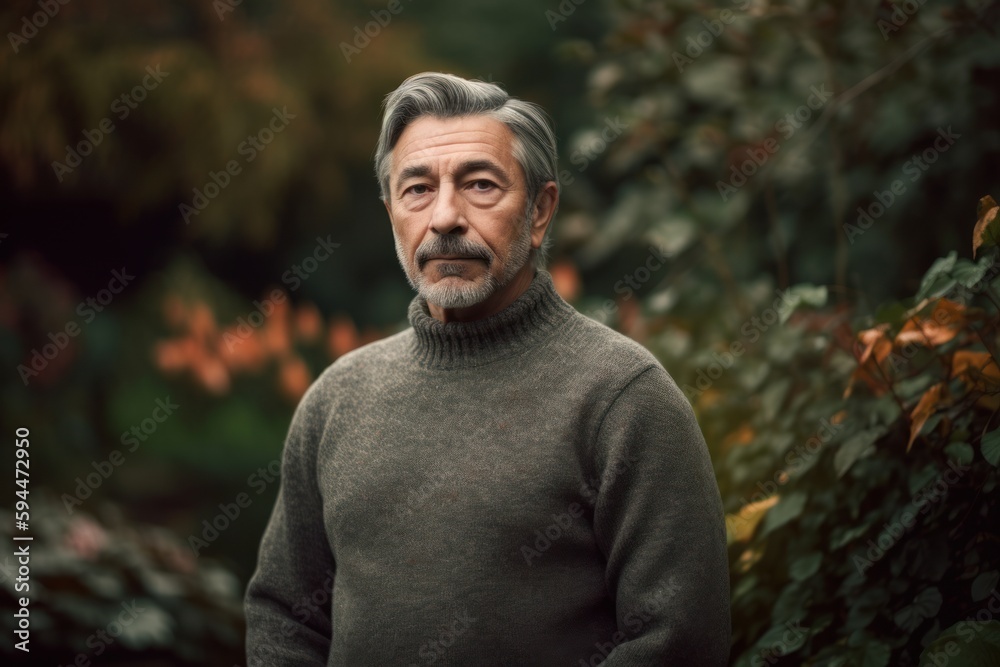 Portrait of a gray-haired man in the autumn park.