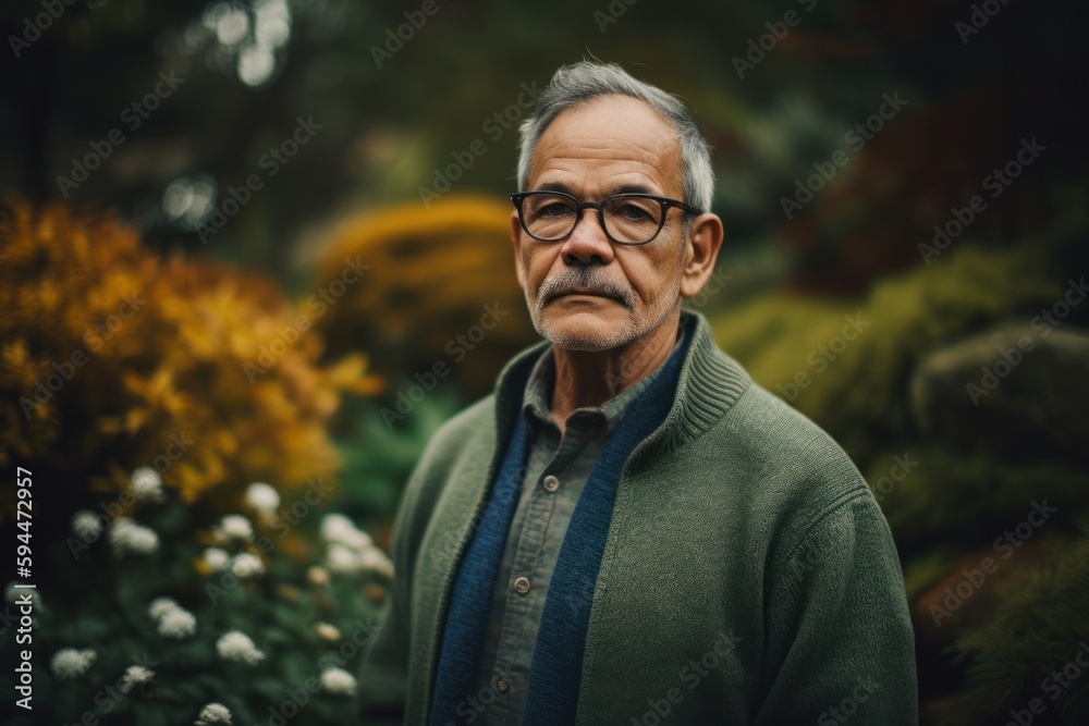 Portrait of a senior man standing in the garden. Retirement concept.