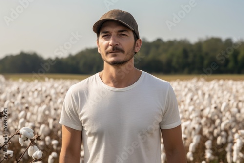 Portrait of a handsome young man standing in cotton field and looking at camera