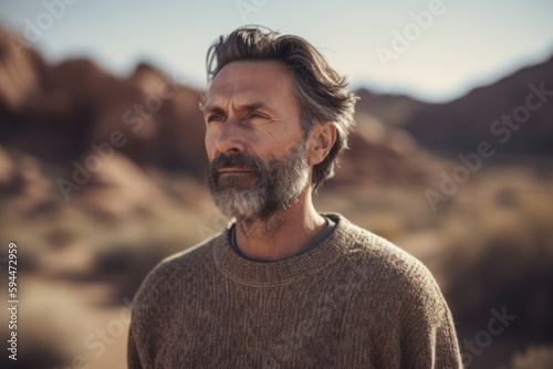 Environmental portrait photography of a pleased man in his 40s wearing a cozy sweater against a canyon or desert landscape background. Generative AI