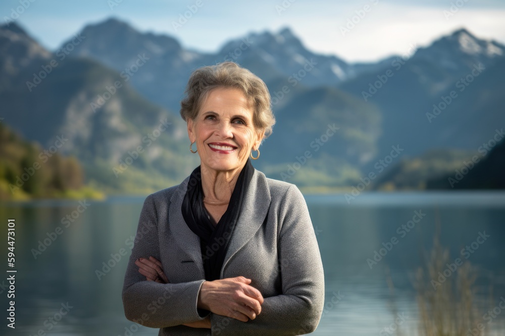 Fototapeta premium Portrait of a happy senior woman with arms crossed on lake background