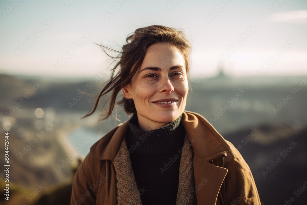 Portrait of a smiling young woman in beige coat standing on the top of a mountain and looking at the camera