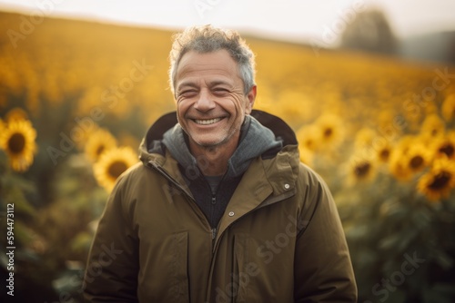 Portrait of happy senior man standing in sunflower field in autumn