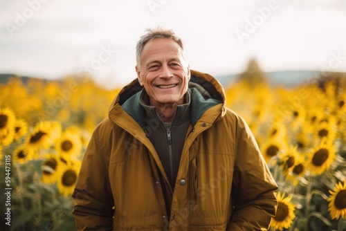 Portrait of a smiling senior man standing in a sunflower field