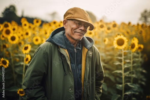 Portrait of senior Asian man standing in sunflower field at sunset