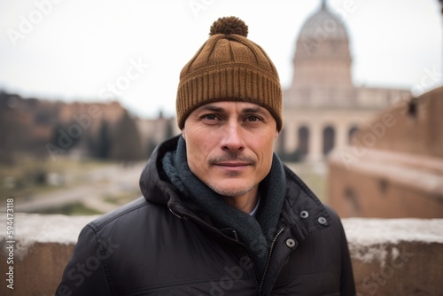 Group portrait photography of a satisfied man in his 40s wearing a warm beanie or knit hat against a roman or ancient architecture background. Generative AI