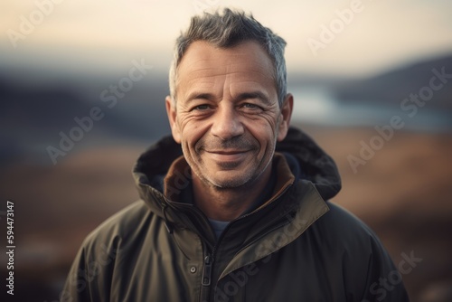 Portrait of a smiling senior man in a jacket on the beach