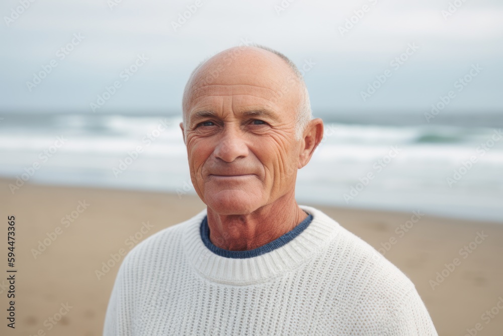 Portrait of smiling senior man standing at beach on a sunny day Portrait of smiling senior man standing at beach on a sunny day