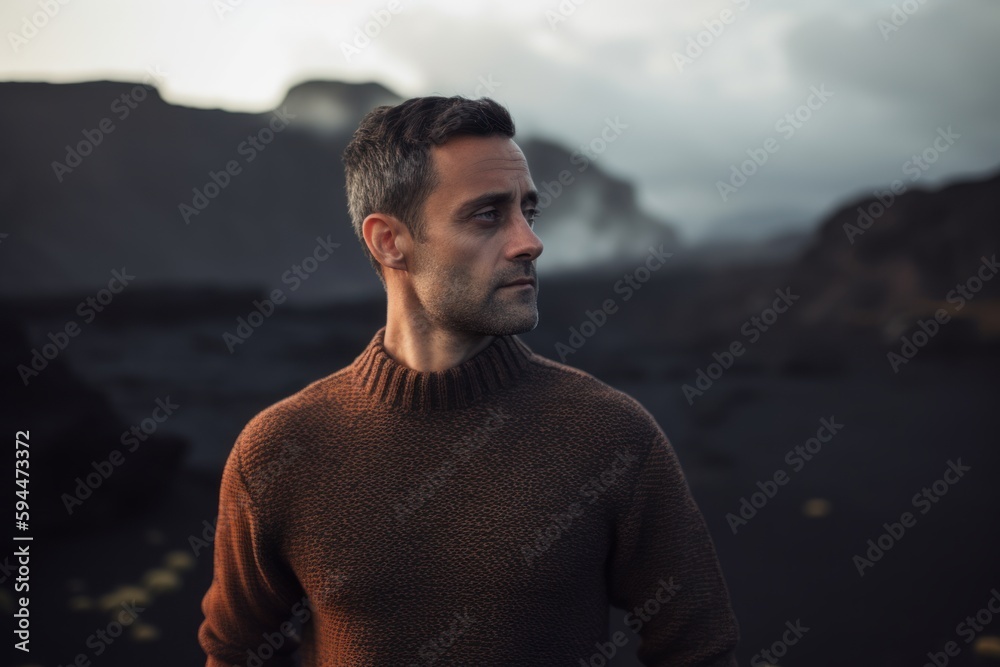 Portrait of a handsome young man with dark hair, wearing a brown sweater, standing in the middle of a volcanic landscape. Portrait of a handsome young man with dark hair, wearing a brown sweater, standing in the middle of a volcanic landscape.