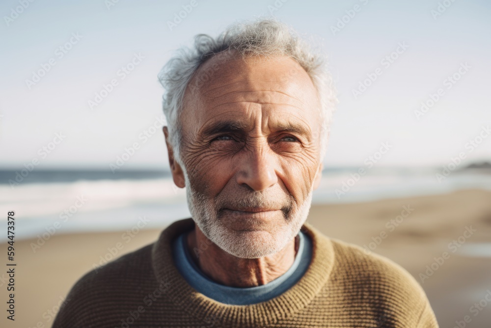 Portrait of senior man looking at camera on beach during sunny day Portrait of senior man looking at camera on beach during sunny day