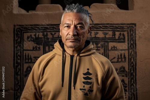 Environmental portrait photography of a satisfied man in his 50s wearing a comfortable tracksuit against an ancient egyptian or hieroglyphics background. Generative AI