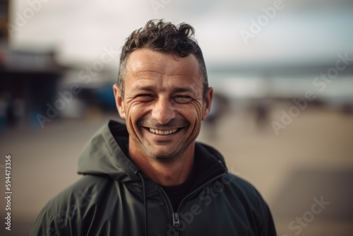 Portrait of a smiling handsome middle aged man standing on the beach