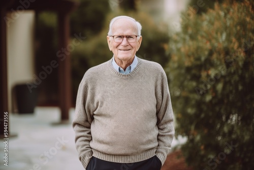 Portrait of a senior man in a sweater and glasses standing outdoors