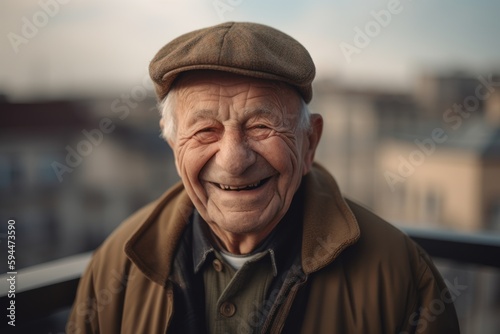 Portrait of a smiling senior man in a cap on the balcony