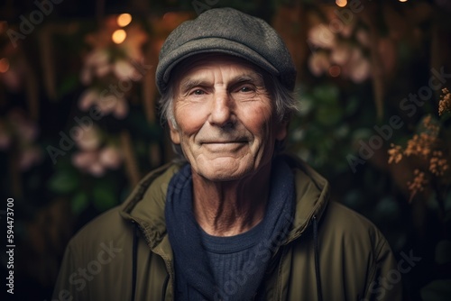 Portrait of an elderly man in a hat and coat on a background of flowers © Robert MEYNER