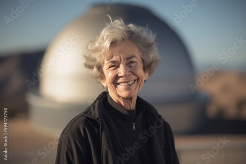 Full-length portrait photography of a grinning woman in her 60s wearing a chic cardigan against an observatory or space telescope background. Generative AI