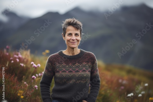 Portrait of a middle-aged woman in the mountains. She is smiling and looking at the camera.