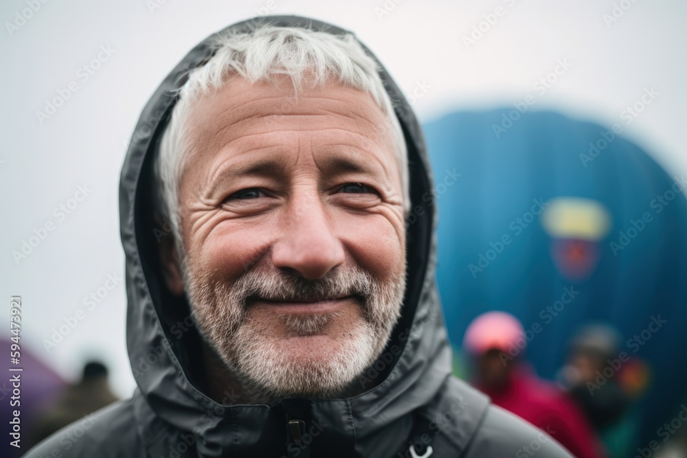 Portrait of a senior man with gray hair and beard on a background of hot air balloons Portrait of a senior man with gray hair and beard on a background of hot air balloons