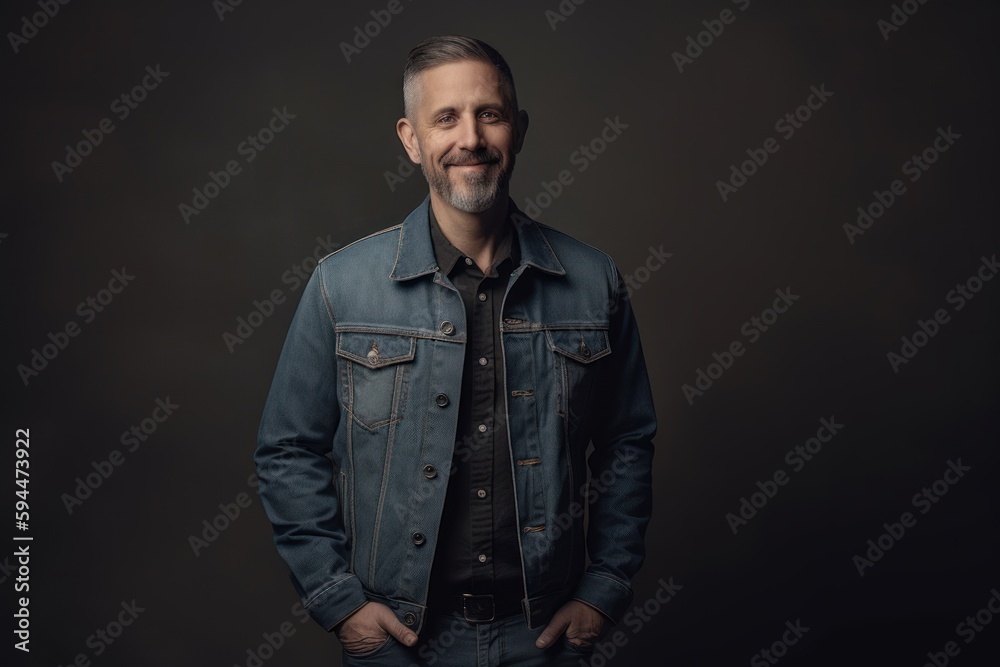 Handsome middle-aged man in jeans jacket on dark background