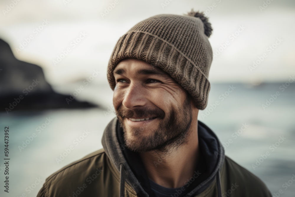 Portrait of a smiling man in a warm hat and jacket standing on the beach Portrait of a smiling man in a warm hat and jacket standing on the beach