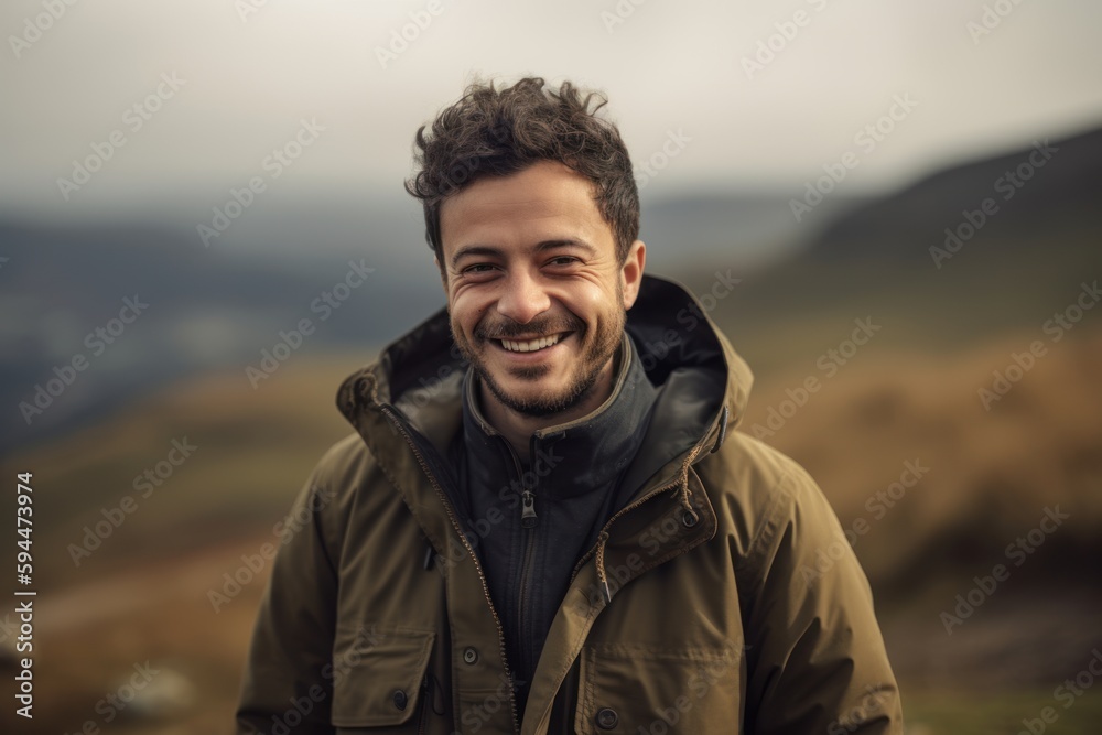 Portrait of a handsome young man standing in the mountains and smiling Portrait of a handsome young man standing in the mountains and smiling