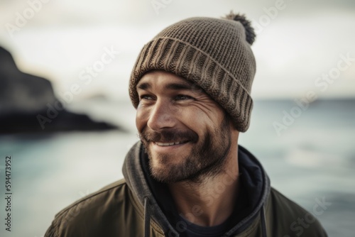 Portrait of a smiling man in a warm hat and jacket standing on the beach